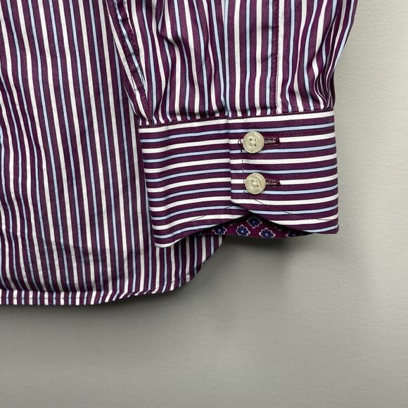 TED BAKER Shirt Mens 15.5 Endurance Purple Striped Floral Trim Dress Classic-Fit - Picture 5 of 7
